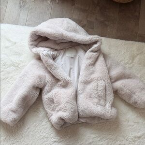 Zara Kids Plush Hooded Puffer Jacket in Light Cream